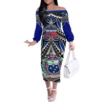Samoa 685 Off The Shoulder Long Sleeve Dress Samoan Coat Of Arms Simple Style LT14 Women Blue - Polynesian Pride