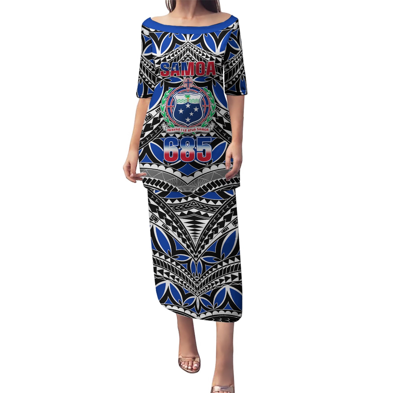 Samoa 685 Puletasi Samoan Coat Of Arms Simple Style LT14 Long Dress Blue - Polynesian Pride