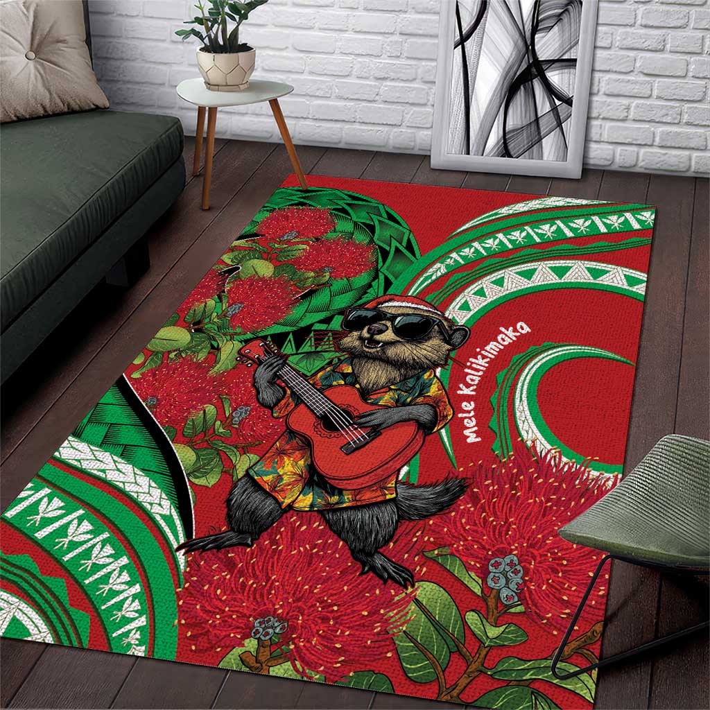 Mele Kalikimaka Hawaii Area Rug Mongoose Santa With Ohia Lehua