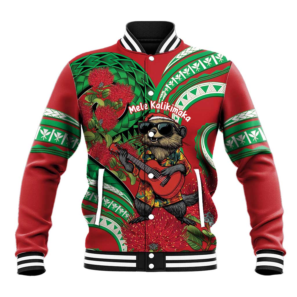 Mele Kalikimaka Hawaii Baseball Jacket Mongoose Santa With Ohia Lehua LT14 Unisex Red - Polynesian Pride
