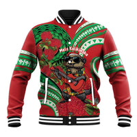 Mele Kalikimaka Hawaii Baseball Jacket Mongoose Santa With Ohia Lehua LT14 Unisex Red - Polynesian Pride
