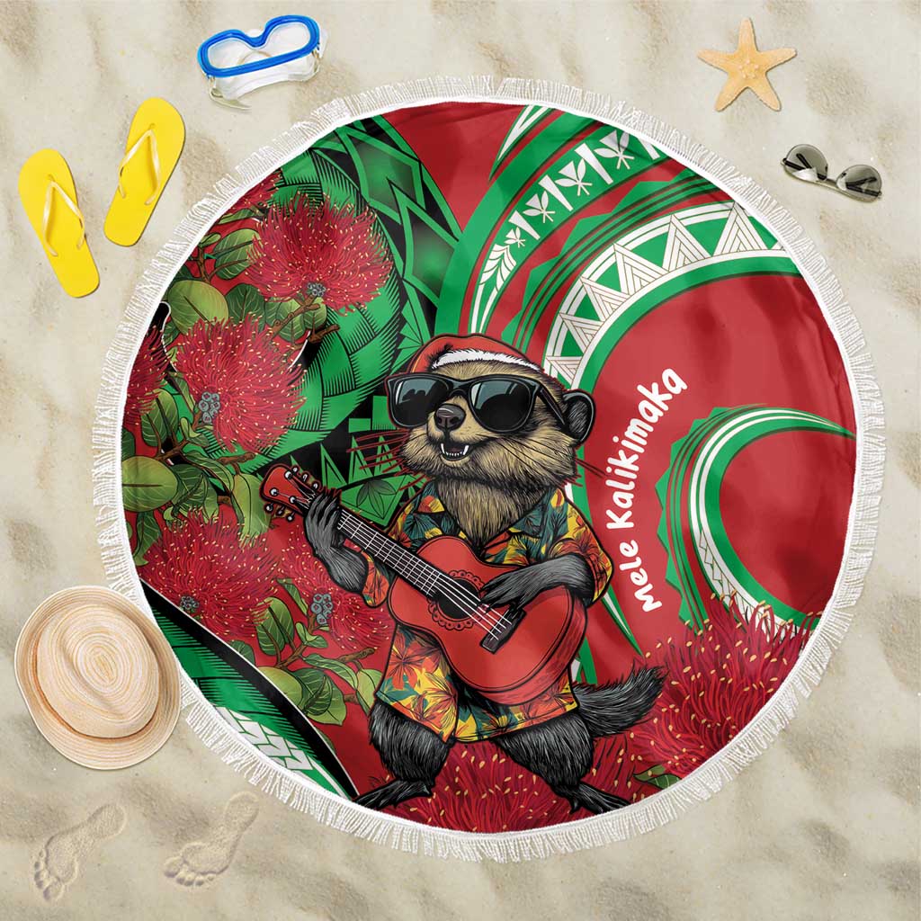 Mele Kalikimaka Hawaii Beach Blanket Mongoose Santa With Ohia Lehua LT14 One Size 150cm Red - Polynesian Pride