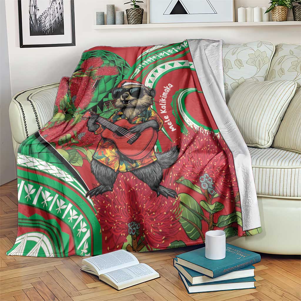 Mele Kalikimaka Hawaii Blanket Mongoose Santa With Ohia Lehua LT14 Red - Polynesian Pride