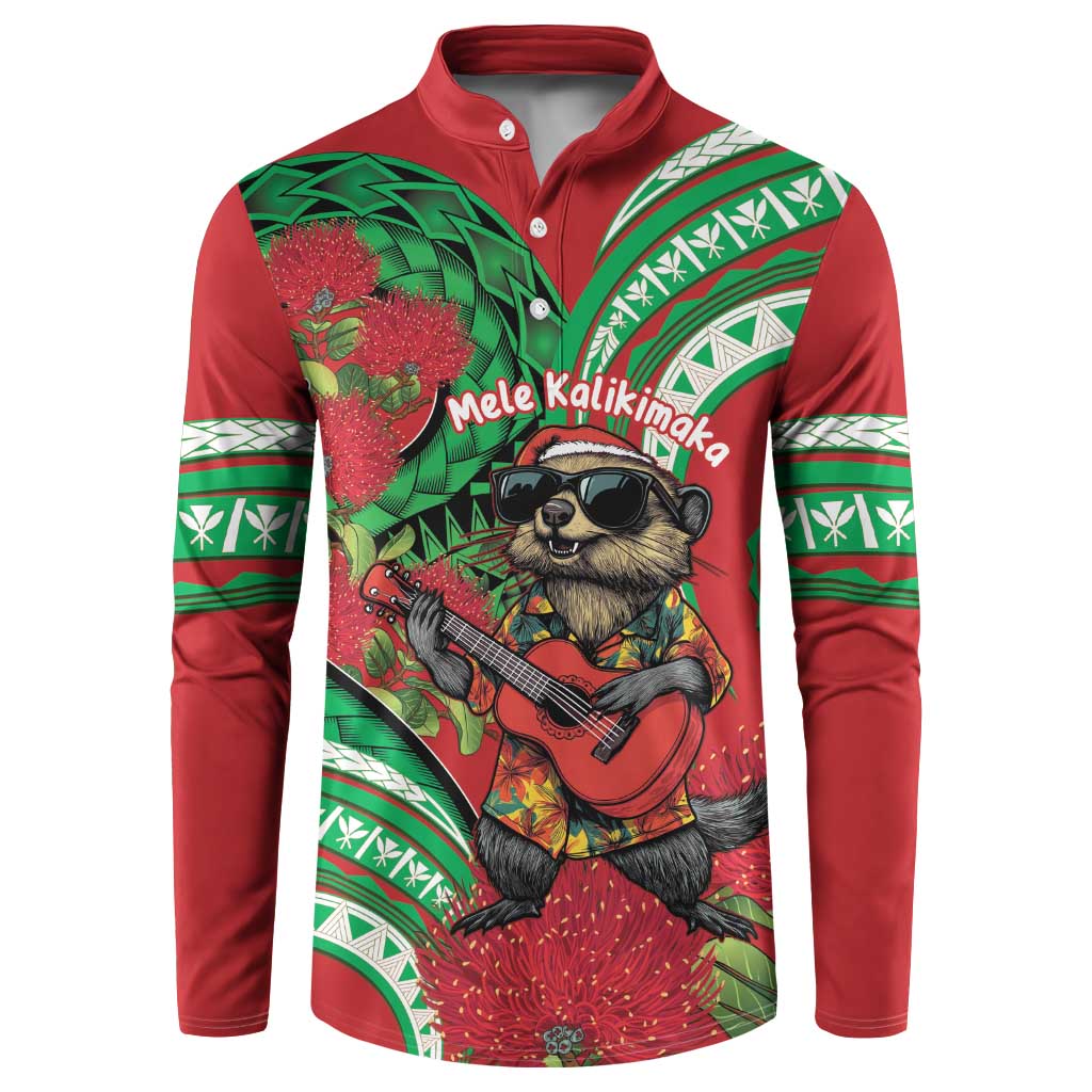 Mele Kalikimaka Hawaii Button Sweatshirt Mongoose Santa With Ohia Lehua LT14 Red - Polynesian Pride