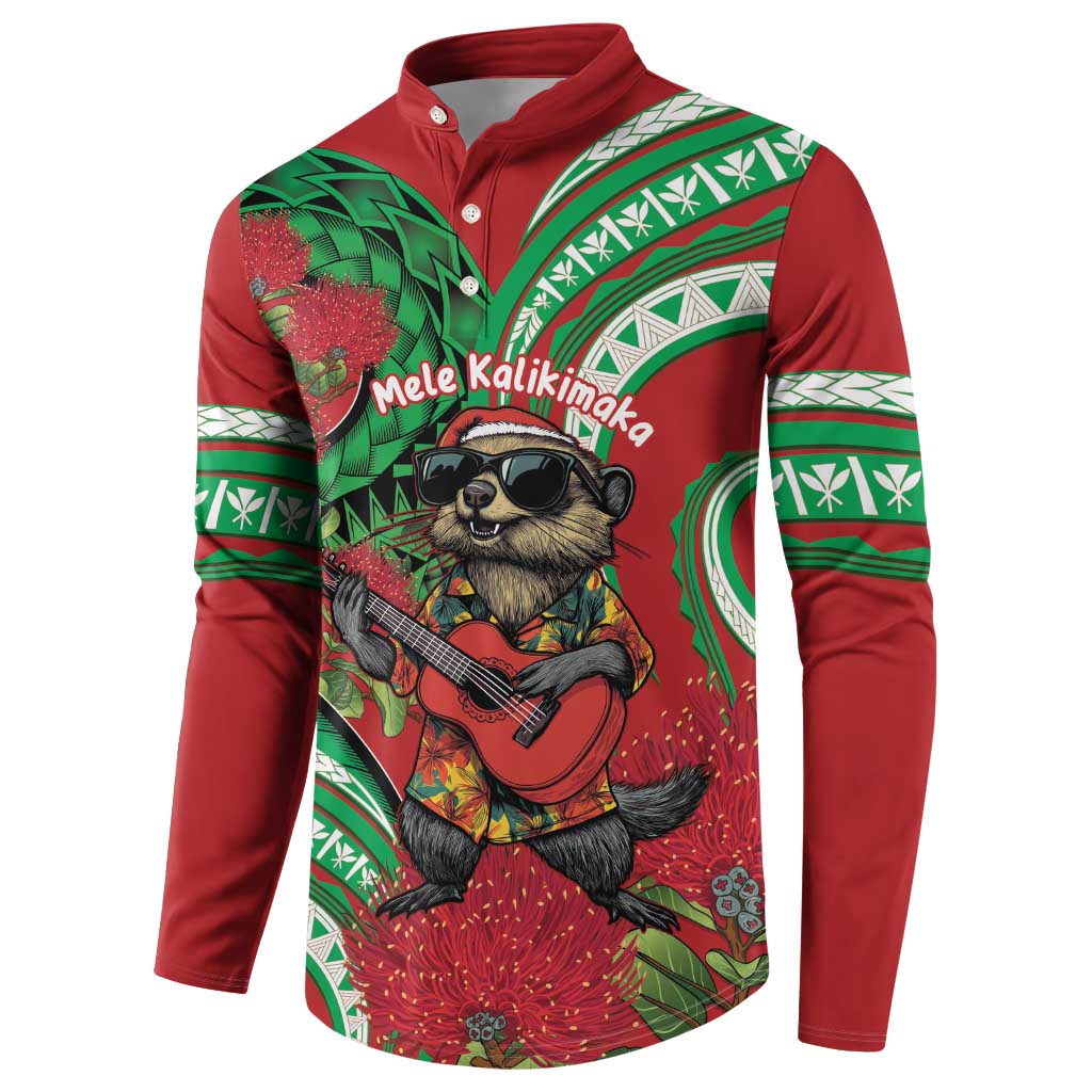 Mele Kalikimaka Hawaii Button Sweatshirt Mongoose Santa With Ohia Lehua LT14 - Polynesian Pride