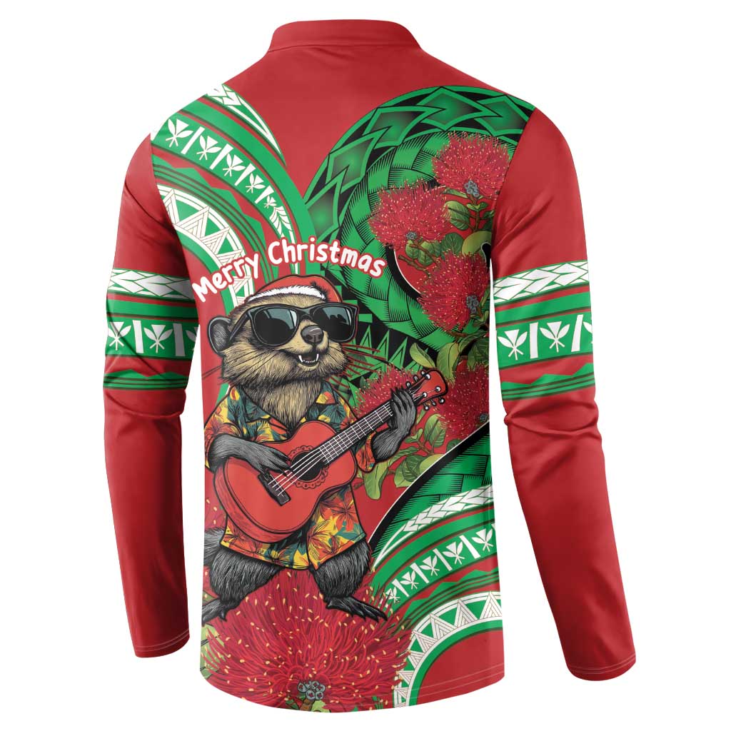 Mele Kalikimaka Hawaii Button Sweatshirt Mongoose Santa With Ohia Lehua LT14 - Polynesian Pride