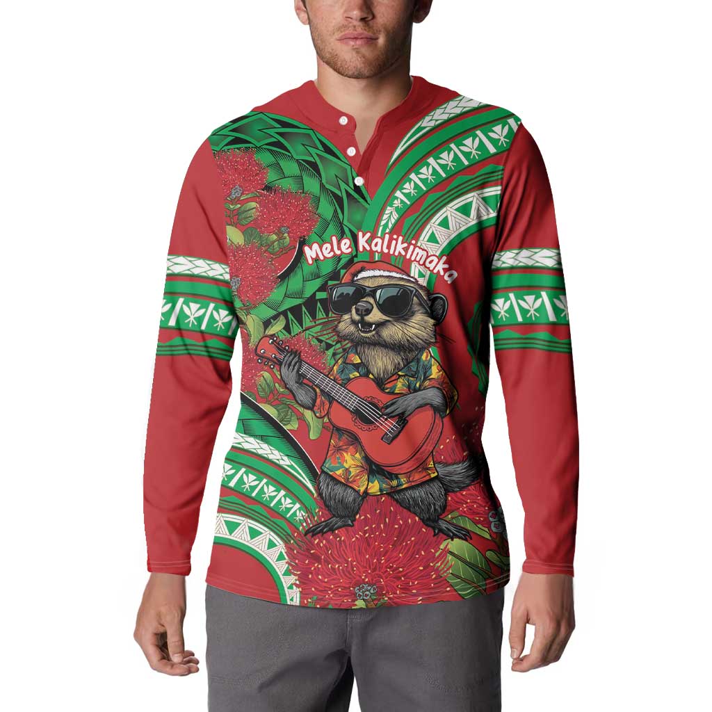 Mele Kalikimaka Hawaii Button Sweatshirt Mongoose Santa With Ohia Lehua LT14 - Polynesian Pride