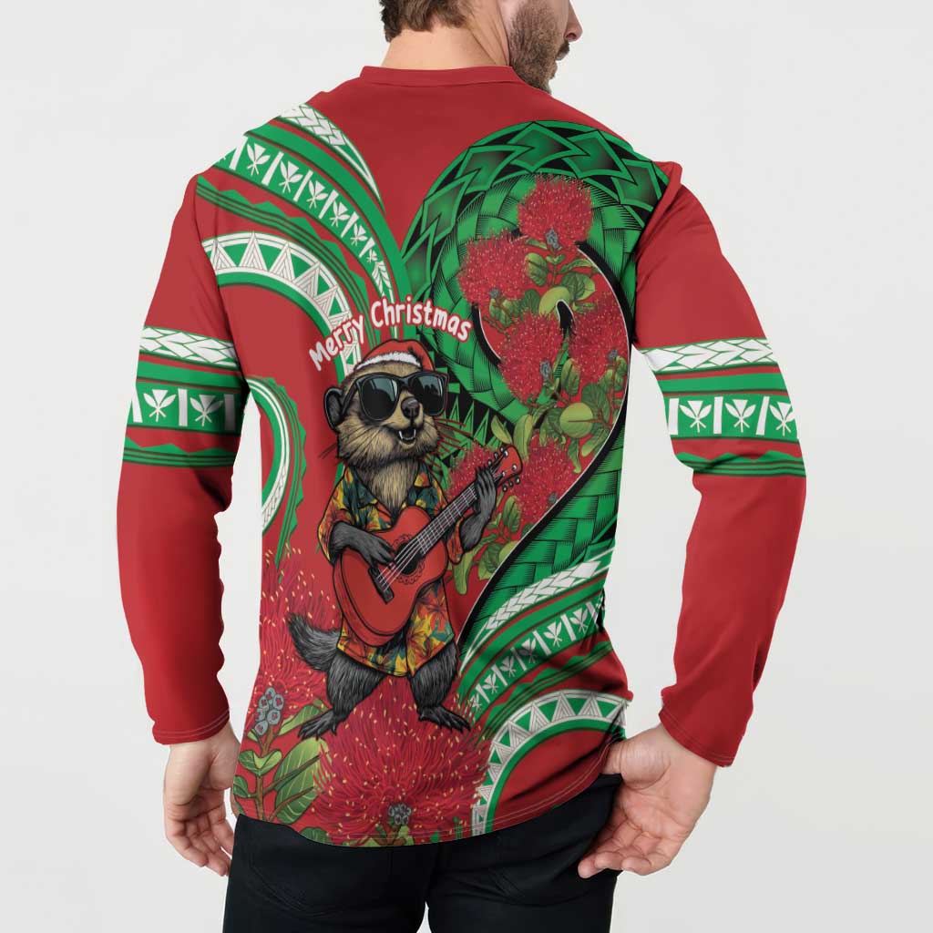 Mele Kalikimaka Hawaii Button Sweatshirt Mongoose Santa With Ohia Lehua LT14 - Polynesian Pride