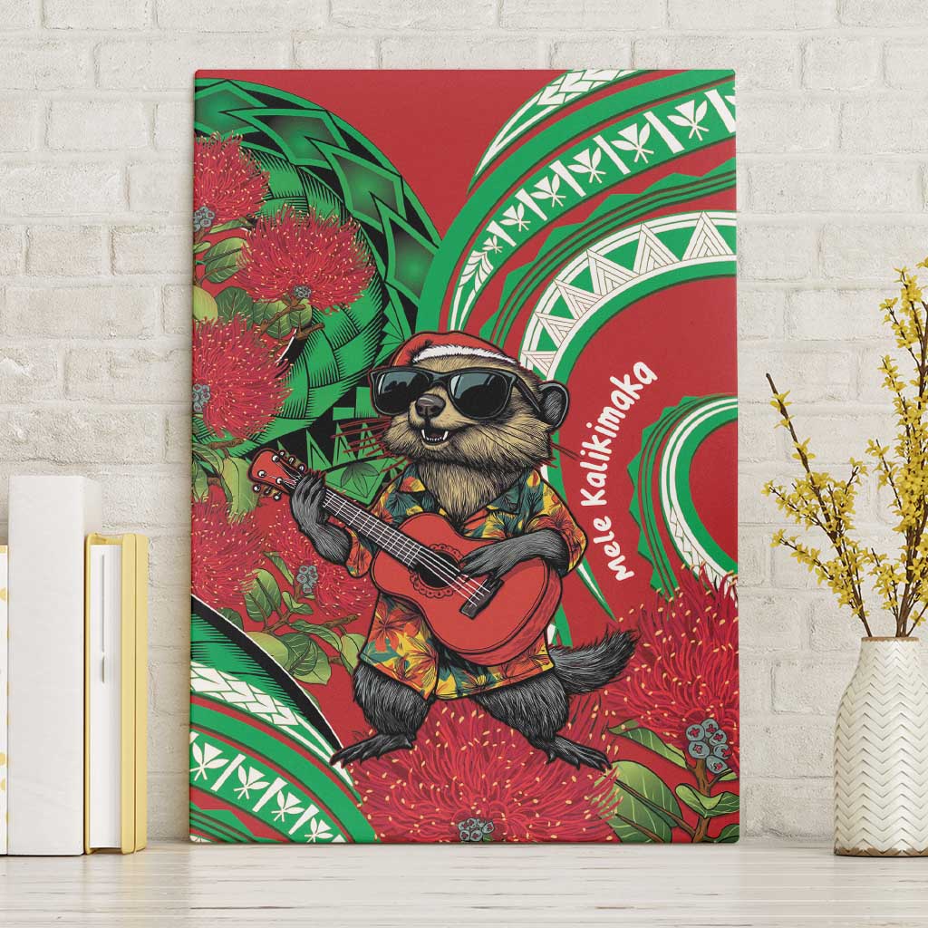 Mele Kalikimaka Hawaii Canvas Wall Art Mongoose Santa With Ohia Lehua LT14 Without Frame Red - Polynesian Pride