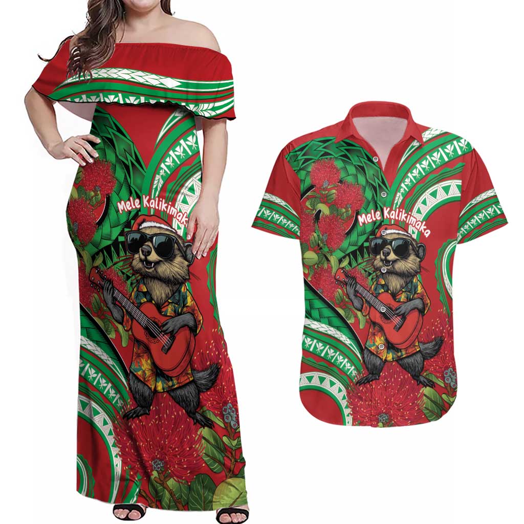 Mele Kalikimaka Hawaii Couples Matching Off Shoulder Maxi Dress and Hawaiian Shirt Mongoose Santa With Ohia Lehua