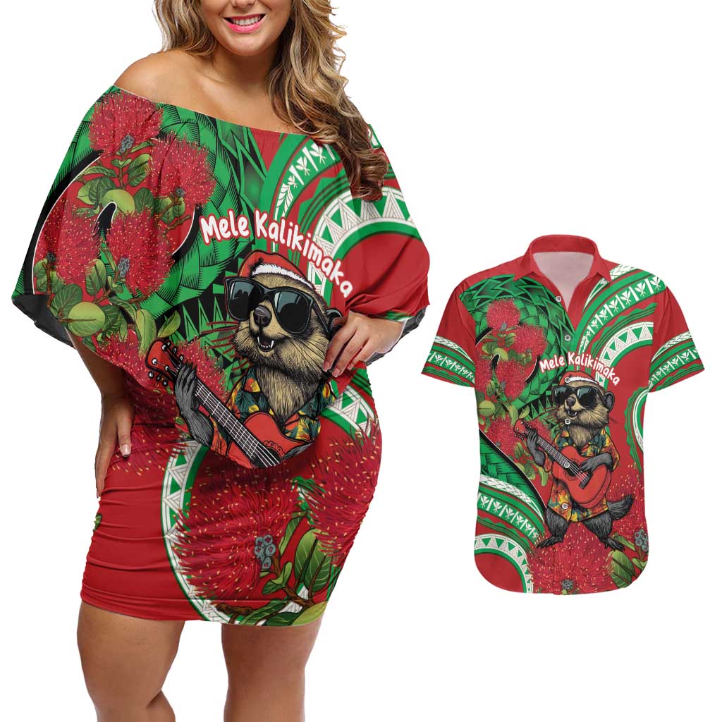 Mele Kalikimaka Hawaii Couples Matching Off Shoulder Short Dress and Hawaiian Shirt Mongoose Santa With Ohia Lehua LT14 Red - Polynesian Pride