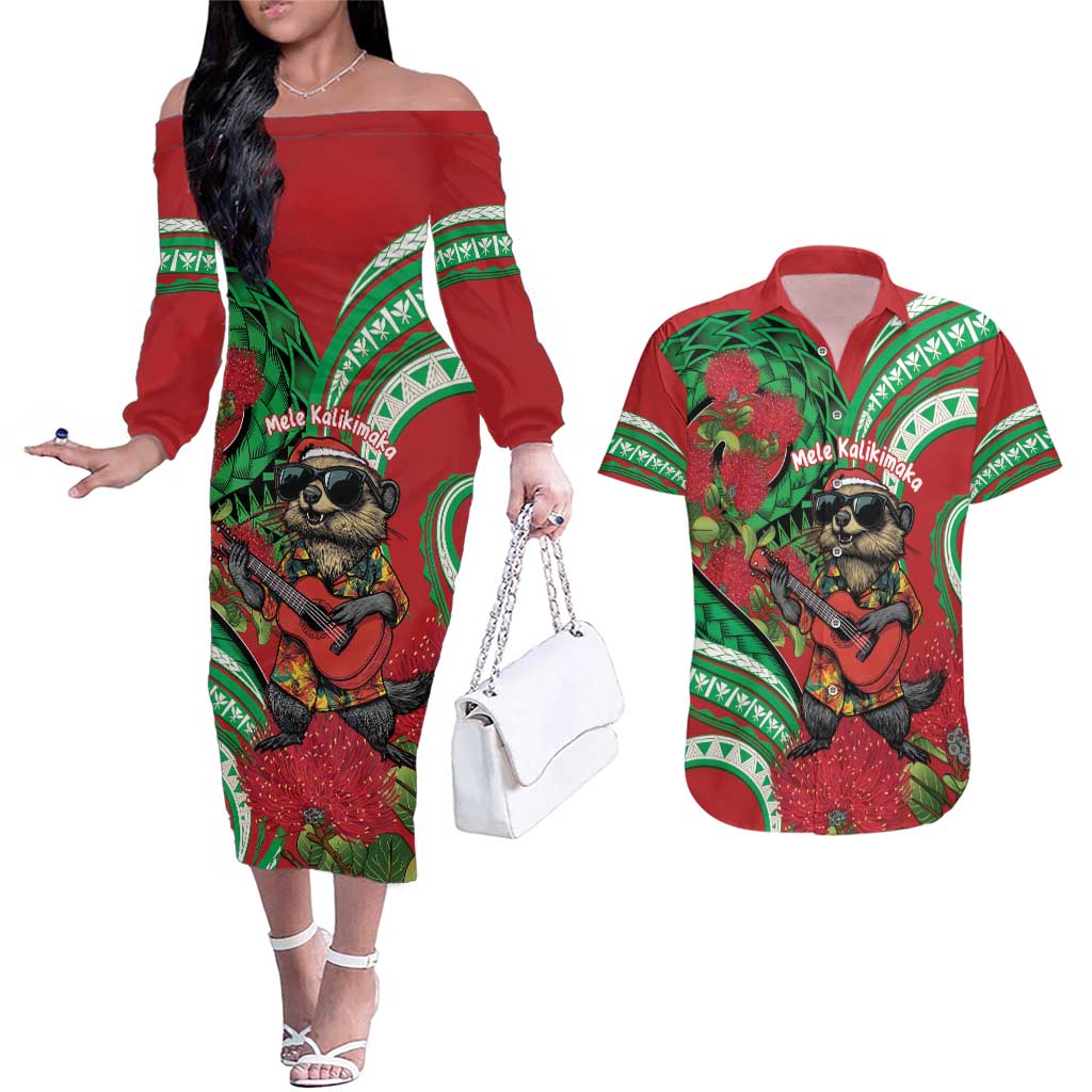 Mele Kalikimaka Hawaii Couples Matching Off The Shoulder Long Sleeve Dress and Hawaiian Shirt Mongoose Santa With Ohia Lehua