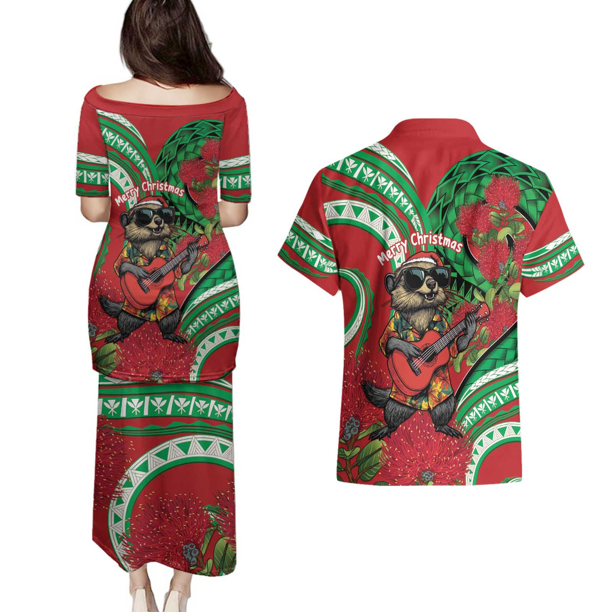 Mele Kalikimaka Hawaii Couples Matching Puletasi and Hawaiian Shirt Mongoose Santa With Ohia Lehua