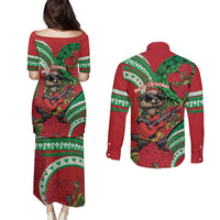 Mele Kalikimaka Hawaii Couples Matching Puletasi and Long Sleeve Button Shirt Mongoose Santa With Ohia Lehua LT14 - Polynesian Pride