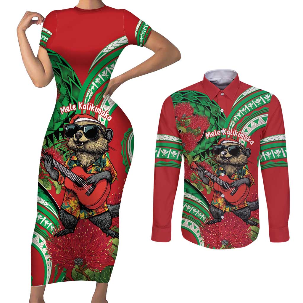 Mele Kalikimaka Hawaii Couples Matching Short Sleeve Bodycon Dress and Long Sleeve Button Shirt Mongoose Santa With Ohia Lehua LT14 Red - Polynesian Pride