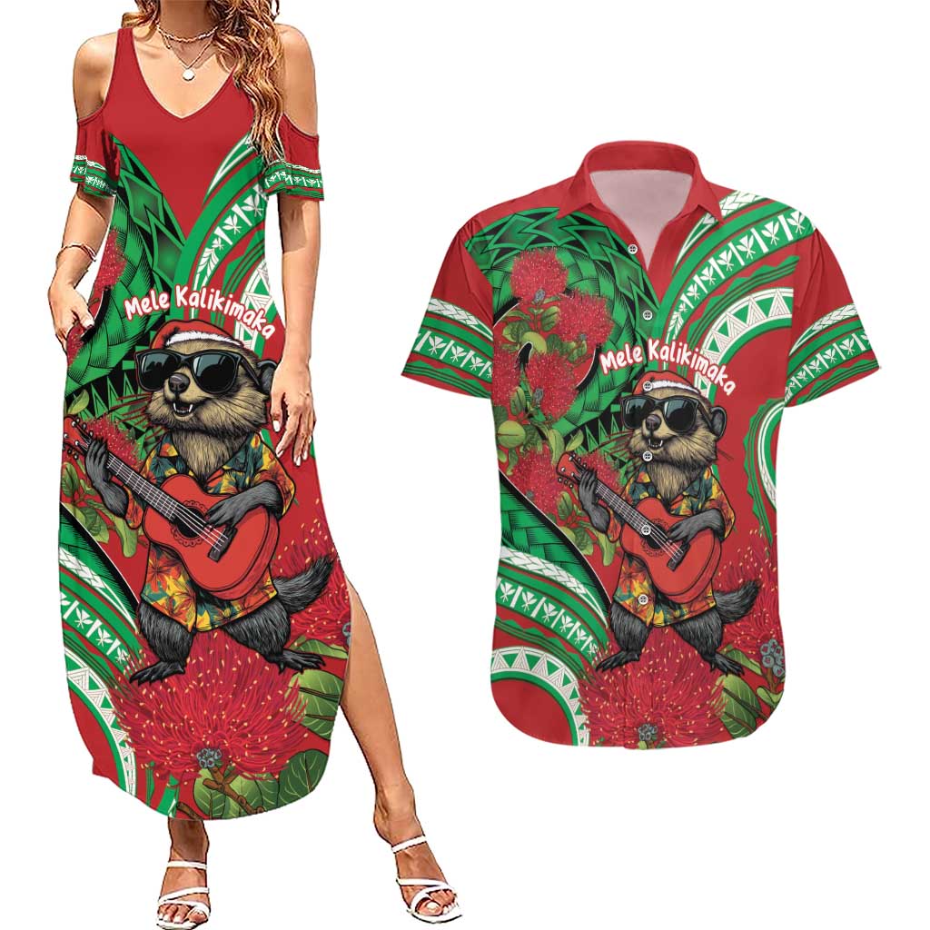 Mele Kalikimaka Hawaii Couples Matching Summer Maxi Dress and Hawaiian Shirt Mongoose Santa With Ohia Lehua LT14 Red - Polynesian Pride