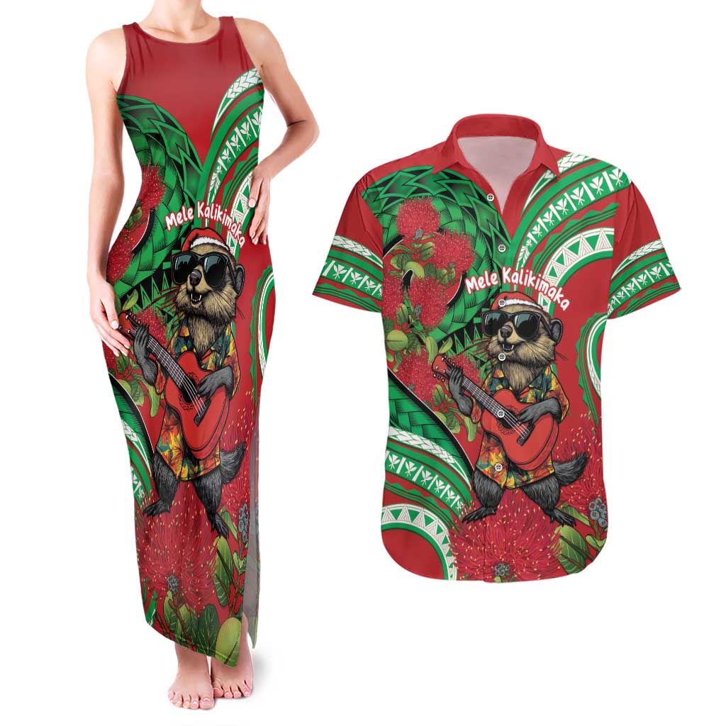 Mele Kalikimaka Hawaii Couples Matching Tank Maxi Dress and Hawaiian Shirt Mongoose Santa With Ohia Lehua LT14 Red - Polynesian Pride