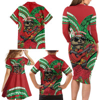 Mele Kalikimaka Hawaii Family Matching Long Sleeve Bodycon Dress and Hawaiian Shirt Mongoose Santa With Ohia Lehua