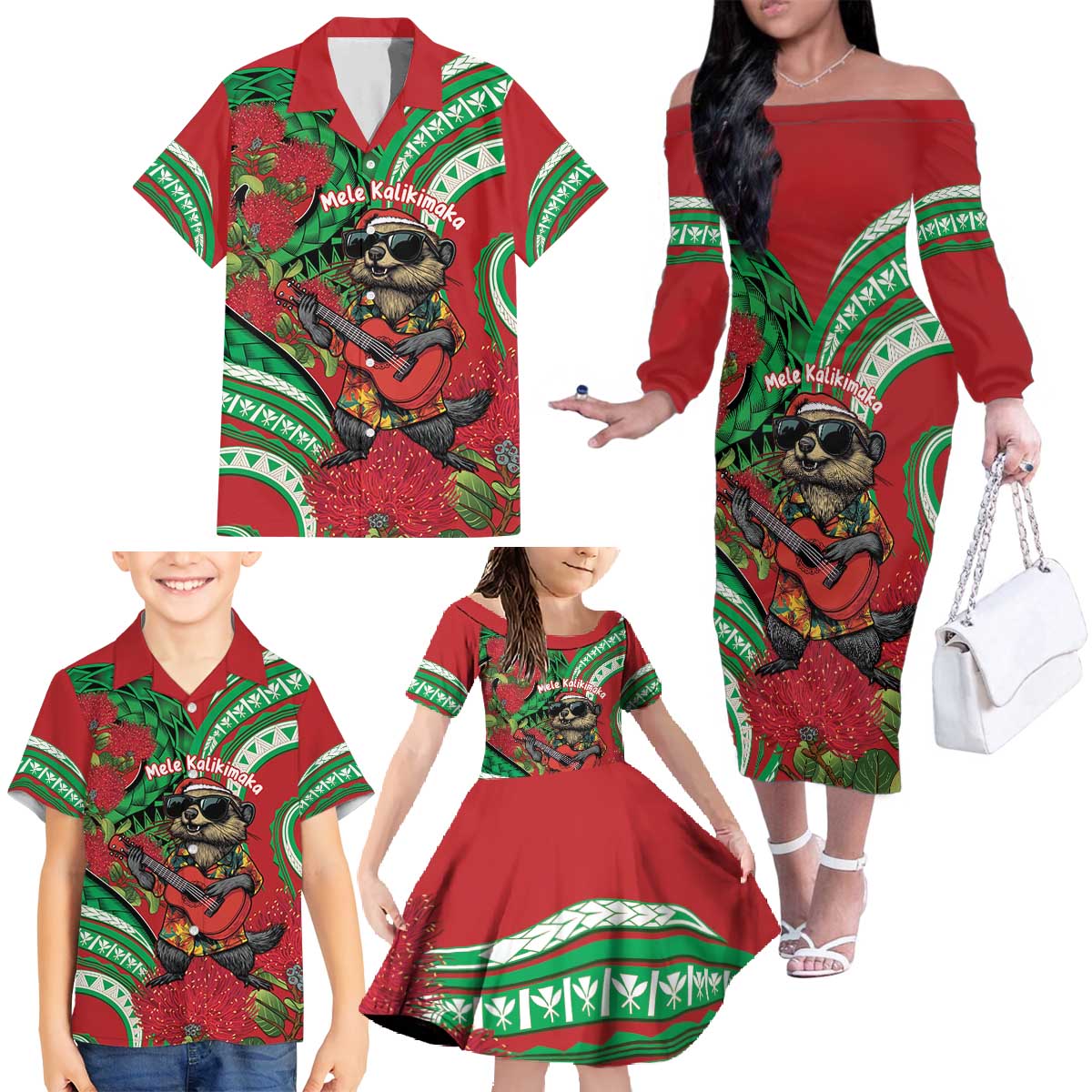 Mele Kalikimaka Hawaii Family Matching Off The Shoulder Long Sleeve Dress and Hawaiian Shirt Mongoose Santa With Ohia Lehua