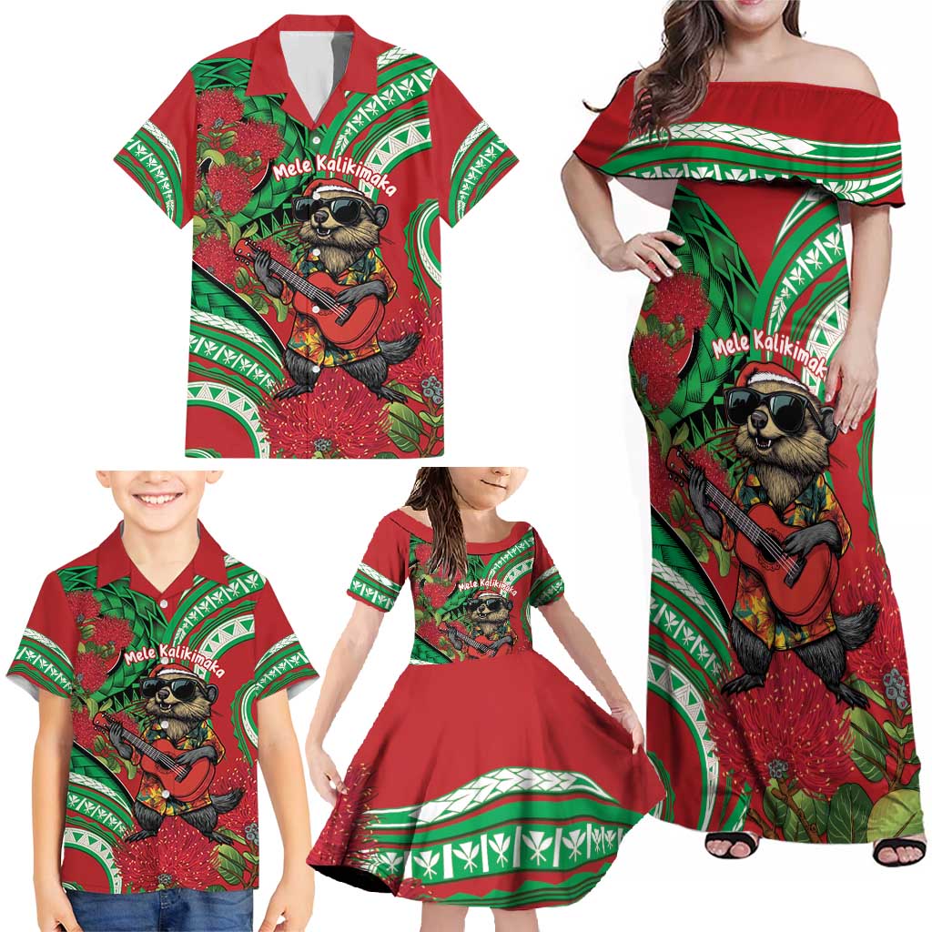 Mele Kalikimaka Hawaii Family Matching Off Shoulder Maxi Dress and Hawaiian Shirt Mongoose Santa With Ohia Lehua