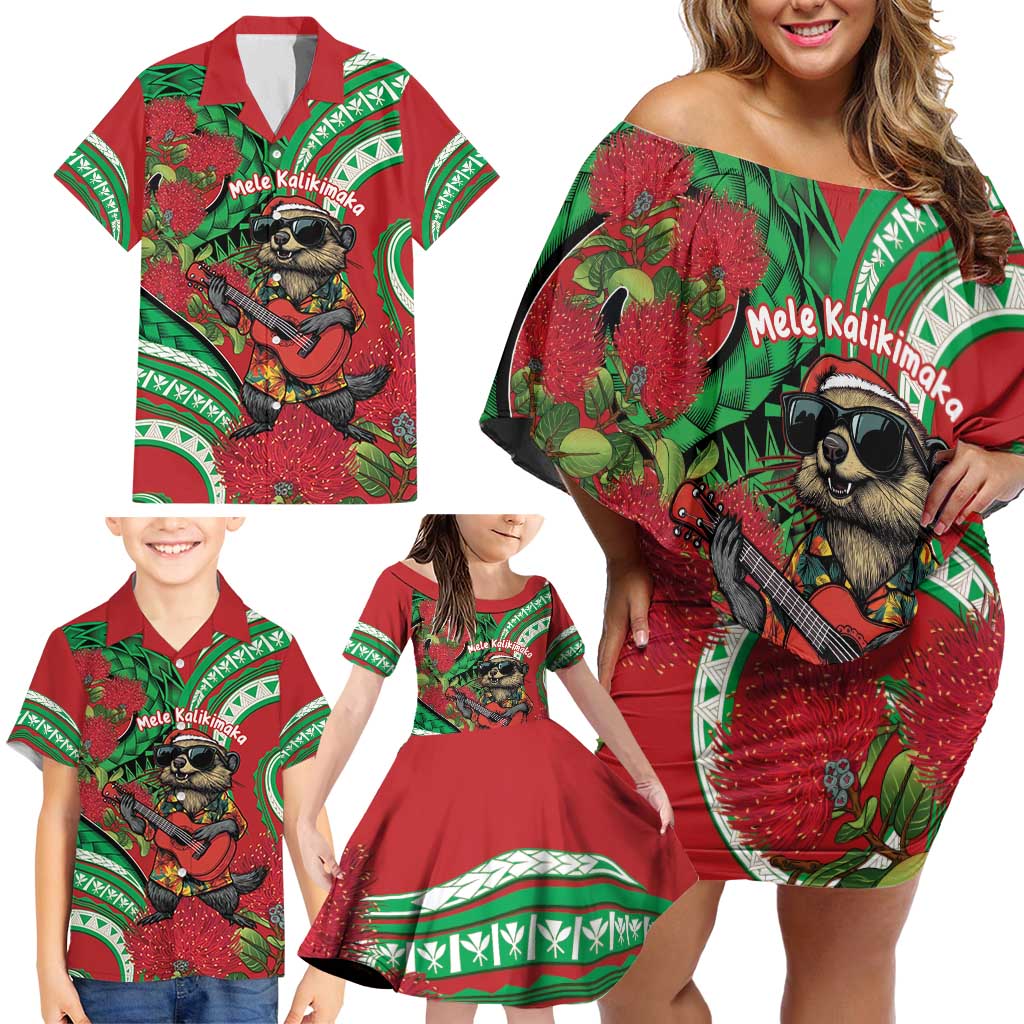 Mele Kalikimaka Hawaii Family Matching Off Shoulder Short Dress and Hawaiian Shirt Mongoose Santa With Ohia Lehua