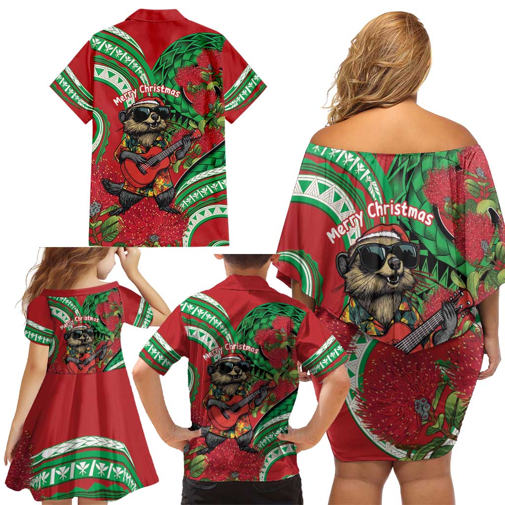 Mele Kalikimaka Hawaii Family Matching Off Shoulder Short Dress and Hawaiian Shirt Mongoose Santa With Ohia Lehua