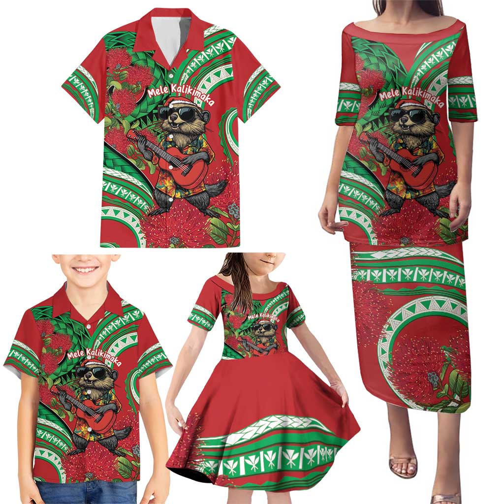 Mele Kalikimaka Hawaii Family Matching Puletasi and Hawaiian Shirt Mongoose Santa With Ohia Lehua