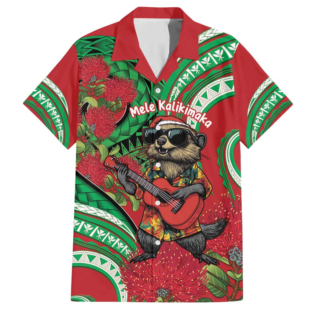 Mele Kalikimaka Hawaii Family Matching Puletasi and Hawaiian Shirt Mongoose Santa With Ohia Lehua