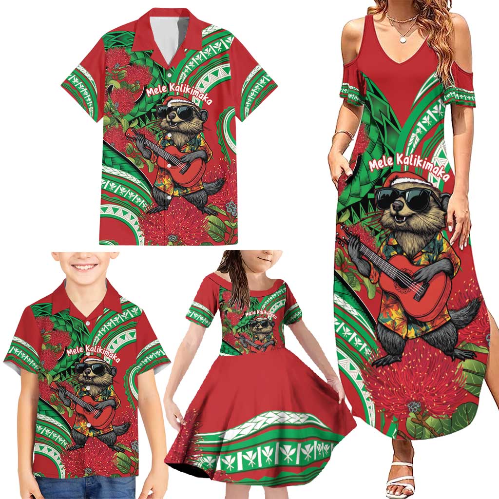 Mele Kalikimaka Hawaii Family Matching Summer Maxi Dress and Hawaiian Shirt Mongoose Santa With Ohia Lehua