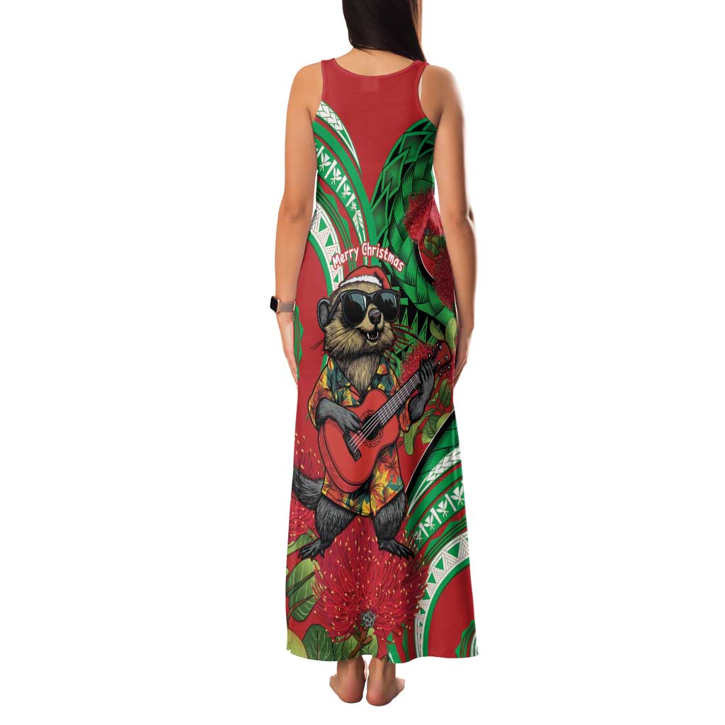Mele Kalikimaka Hawaii Family Matching Tank Maxi Dress and Hawaiian Shirt Mongoose Santa With Ohia Lehua