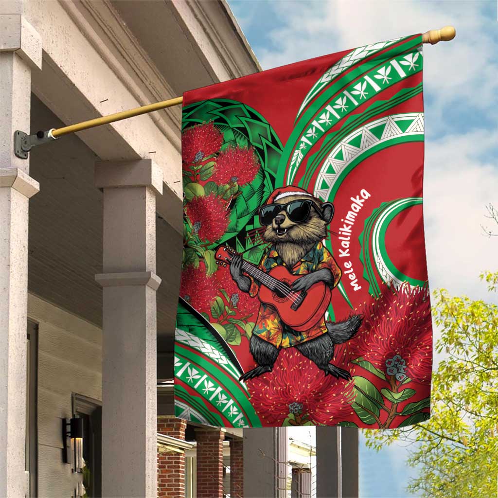 Mele Kalikimaka Hawaii Garden Flag Mongoose Santa With Ohia Lehua LT14 House Flag Red - Polynesian Pride