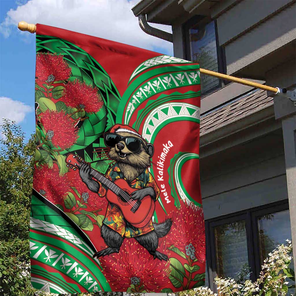 Mele Kalikimaka Hawaii Garden Flag Mongoose Santa With Ohia Lehua LT14 - Polynesian Pride