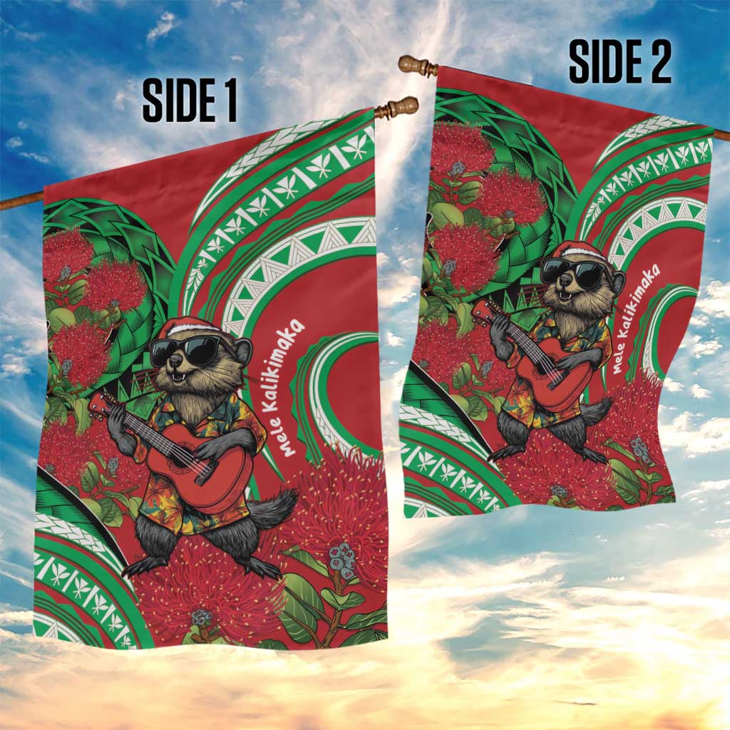 Mele Kalikimaka Hawaii Garden Flag Mongoose Santa With Ohia Lehua LT14 - Polynesian Pride