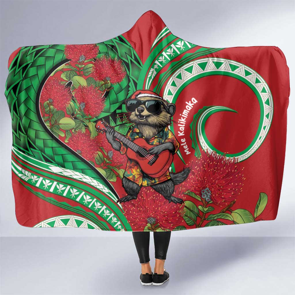 Mele Kalikimaka Hawaii Hooded Blanket Mongoose Santa With Ohia Lehua