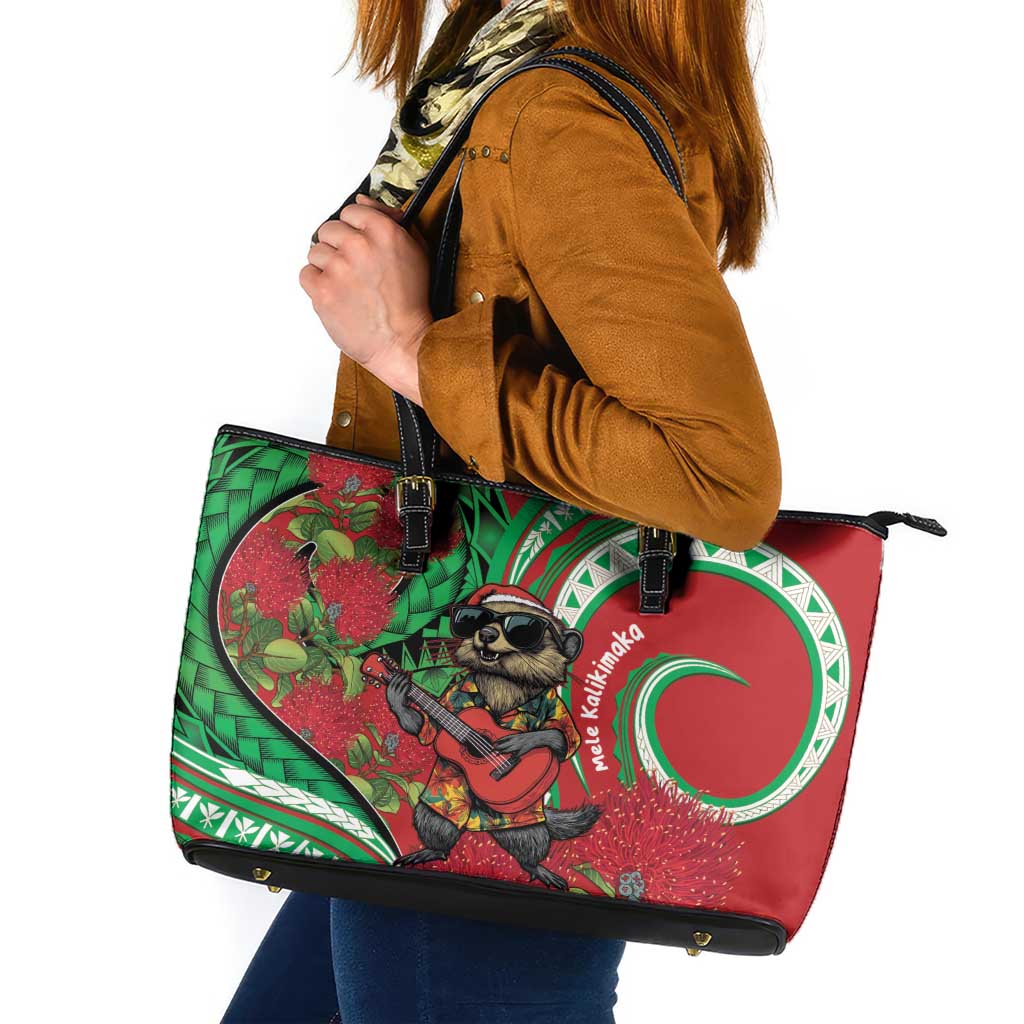 Mele Kalikimaka Hawaii Leather Tote Bag Mongoose Santa With Ohia Lehua LT14 Red - Polynesian Pride
