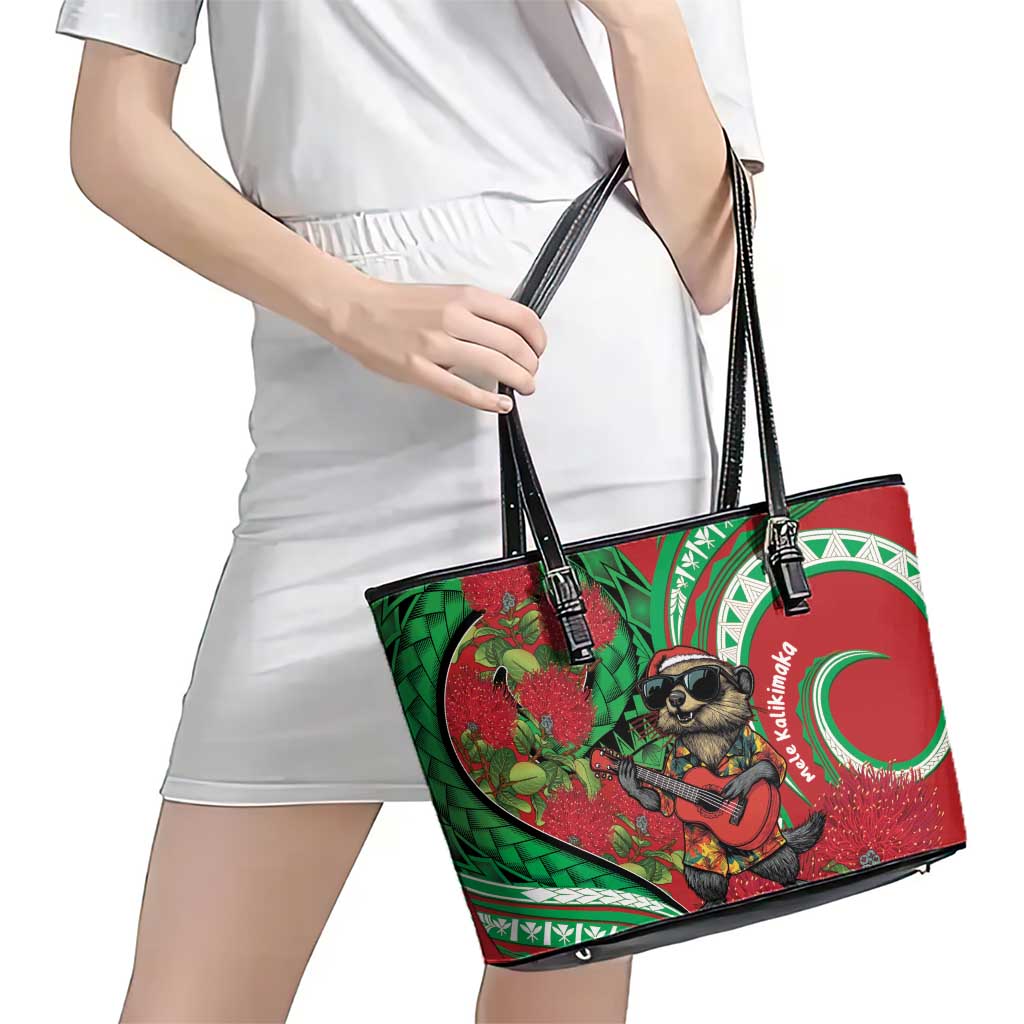 Mele Kalikimaka Hawaii Leather Tote Bag Mongoose Santa With Ohia Lehua LT14 - Polynesian Pride