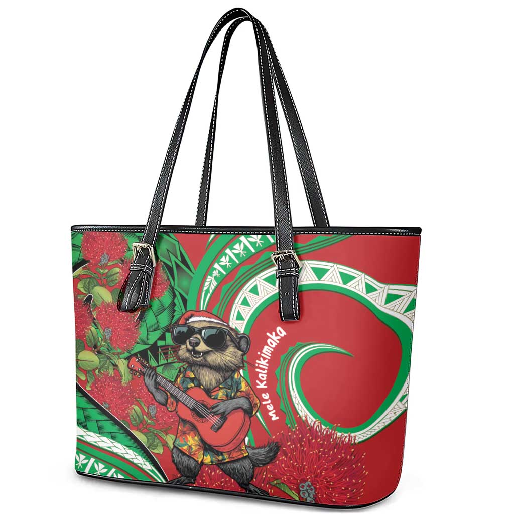 Mele Kalikimaka Hawaii Leather Tote Bag Mongoose Santa With Ohia Lehua LT14 - Polynesian Pride