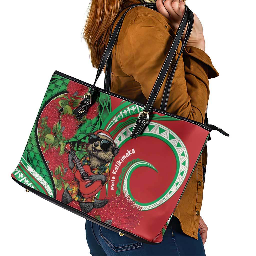 Mele Kalikimaka Hawaii Leather Tote Bag Mongoose Santa With Ohia Lehua LT14 - Polynesian Pride