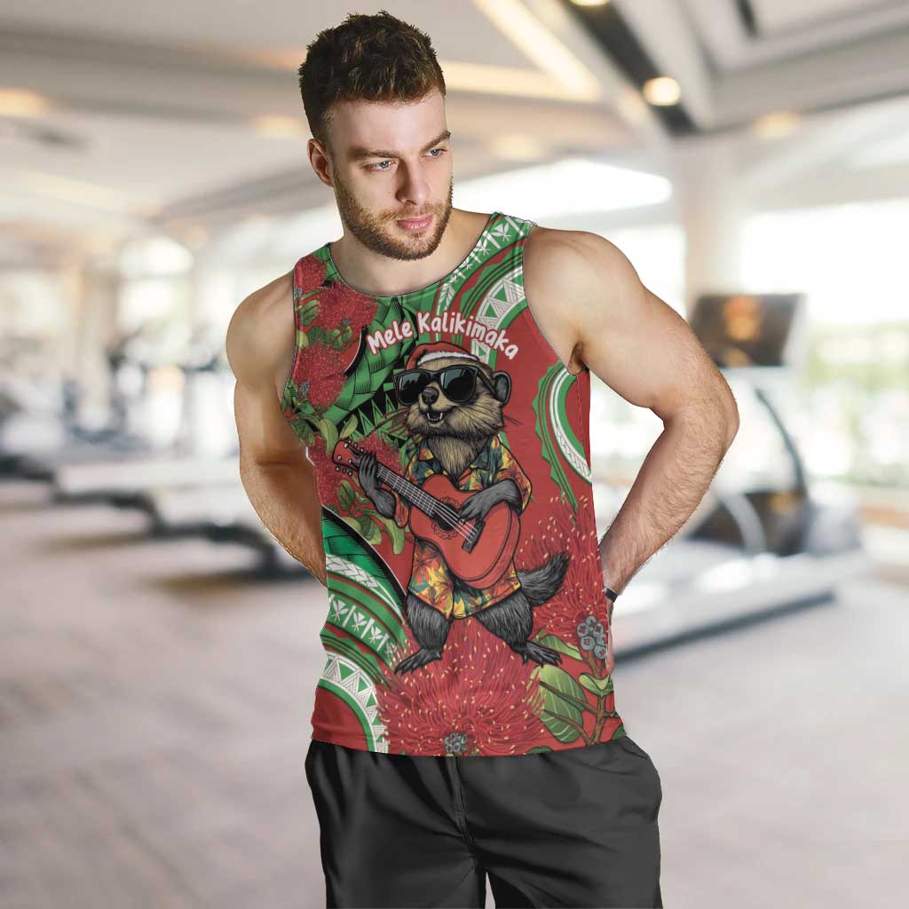 Mele Kalikimaka Hawaii Men Tank Top Mongoose Santa With Ohia Lehua LT14 Red - Polynesian Pride