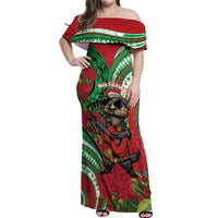 Mele Kalikimaka Hawaii Off Shoulder Maxi Dress Mongoose Santa With Ohia Lehua LT14 Women Red - Polynesian Pride