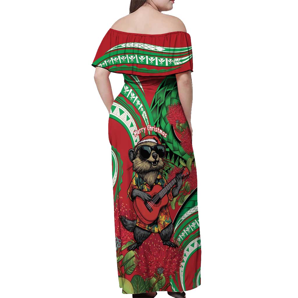 Mele Kalikimaka Hawaii Off Shoulder Maxi Dress Mongoose Santa With Ohia Lehua LT14 - Polynesian Pride