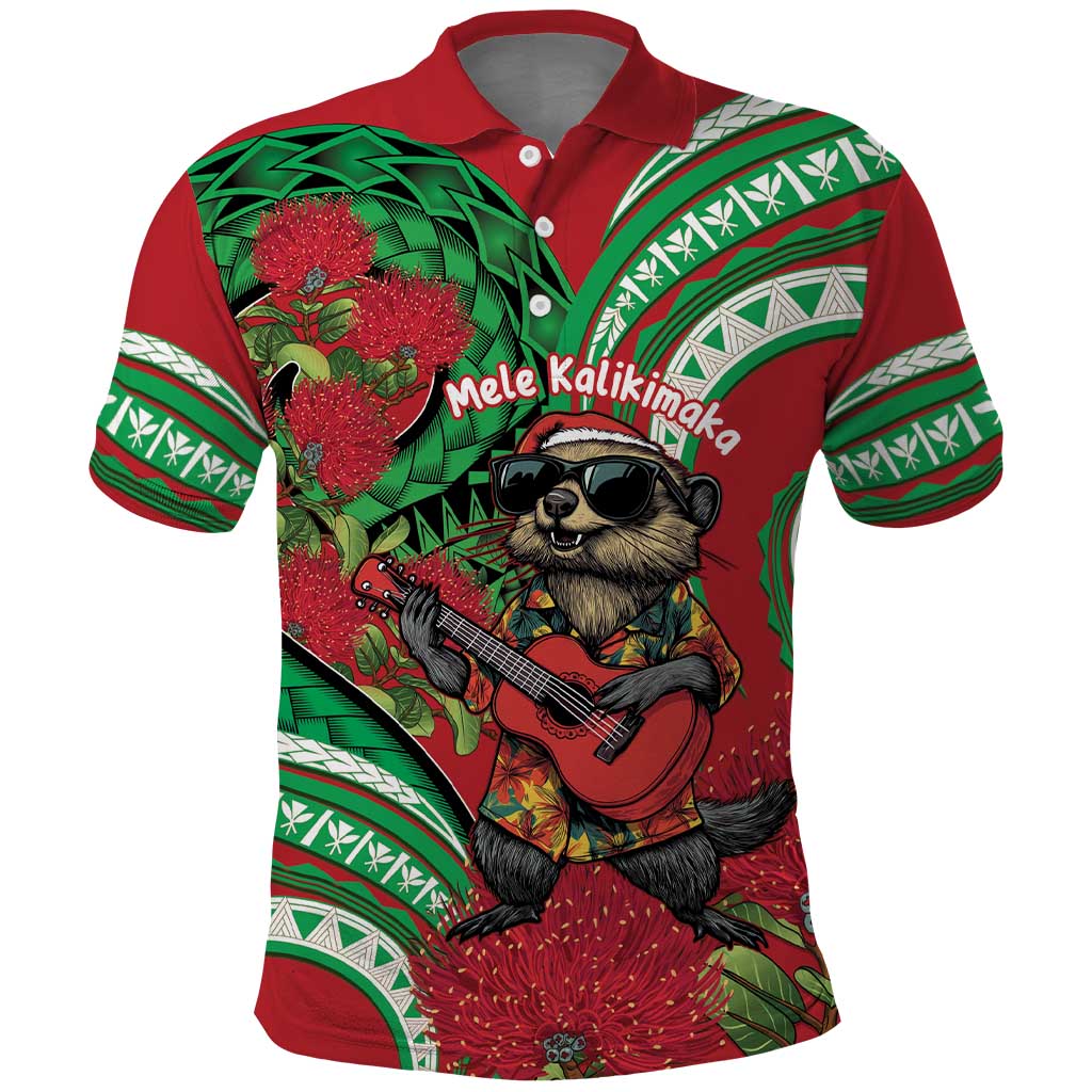 Mele Kalikimaka Hawaii Polo Shirt Mongoose Santa With Ohia Lehua