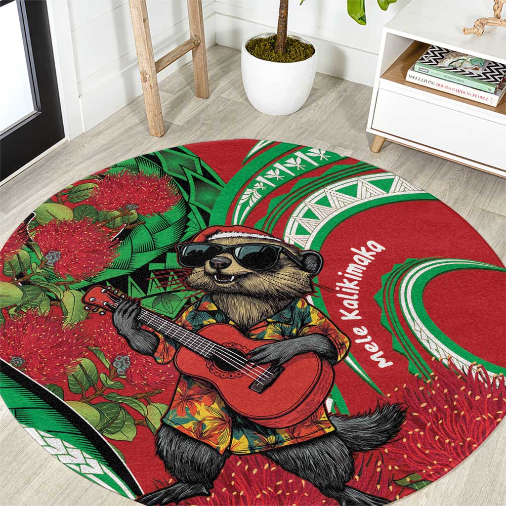 Mele Kalikimaka Hawaii Round Carpet Mongoose Santa With Ohia Lehua