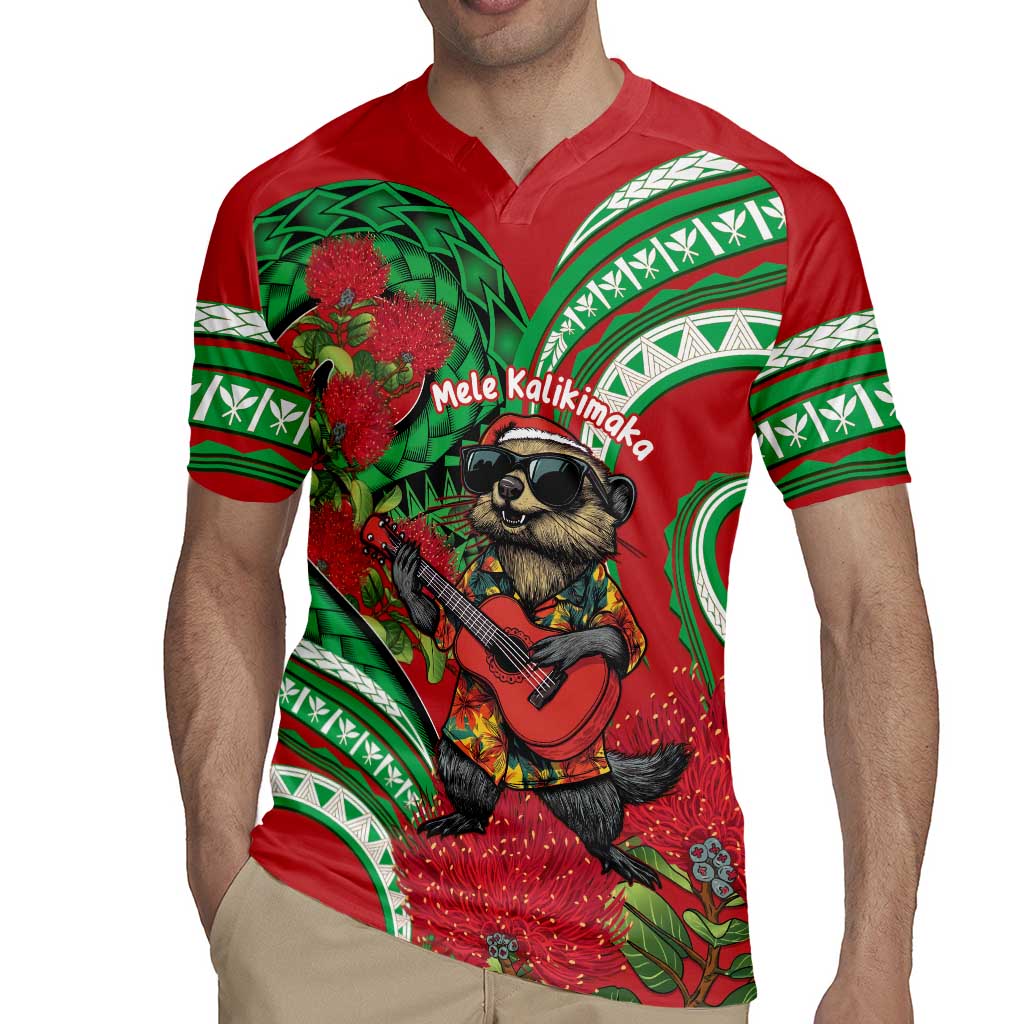 Mele Kalikimaka Hawaii Rugby Jersey Mongoose Santa With Ohia Lehua LT14 - Polynesian Pride