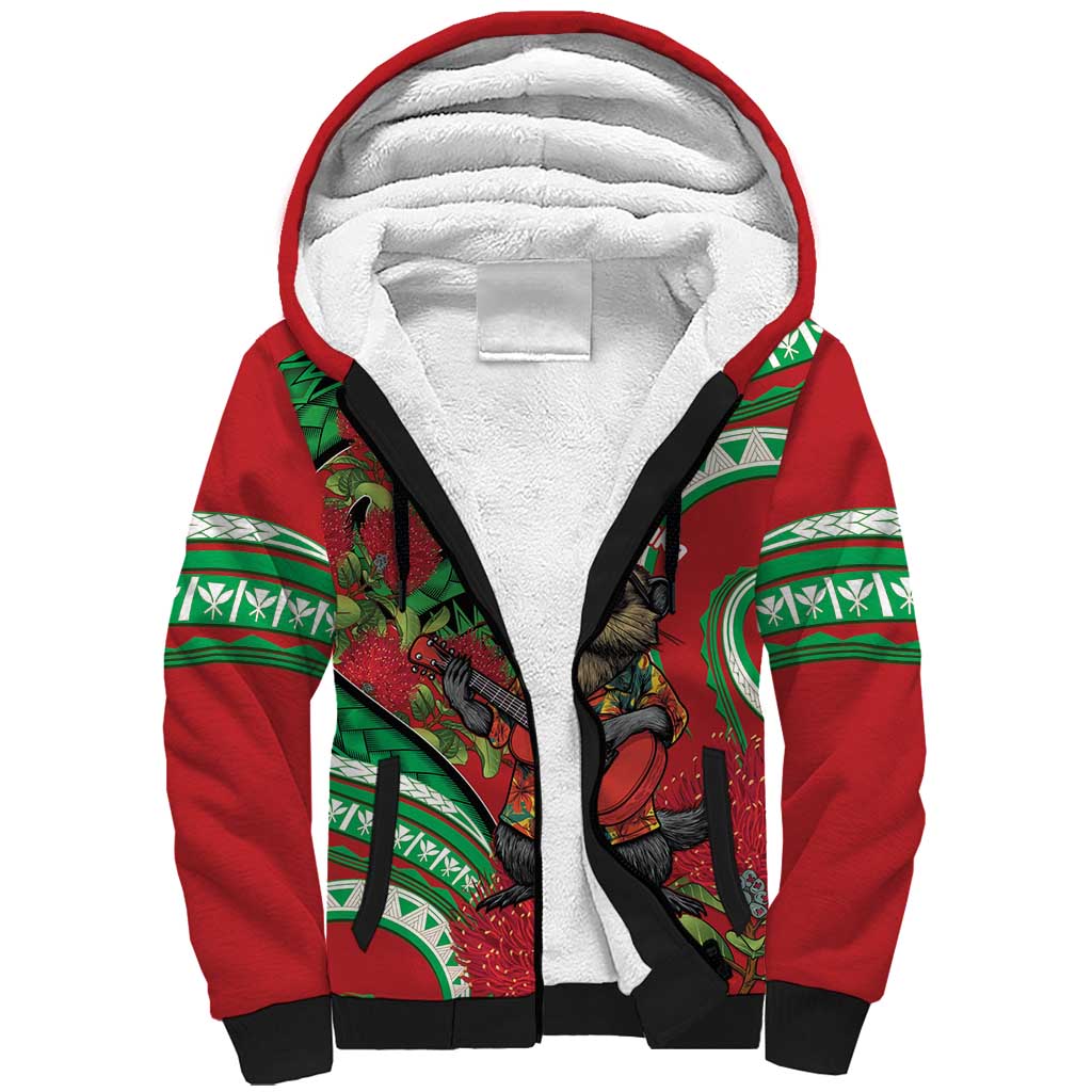 Mele Kalikimaka Hawaii Sherpa Hoodie Mongoose Santa With Ohia Lehua LT14 Unisex Red - Polynesian Pride