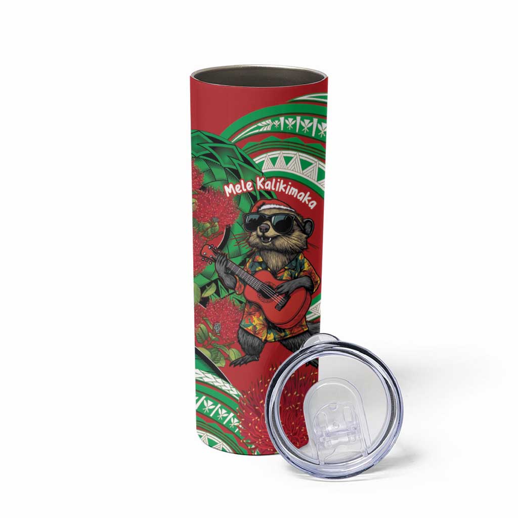 Mele Kalikimaka Hawaii Skinny Tumbler Mongoose Santa With Ohia Lehua