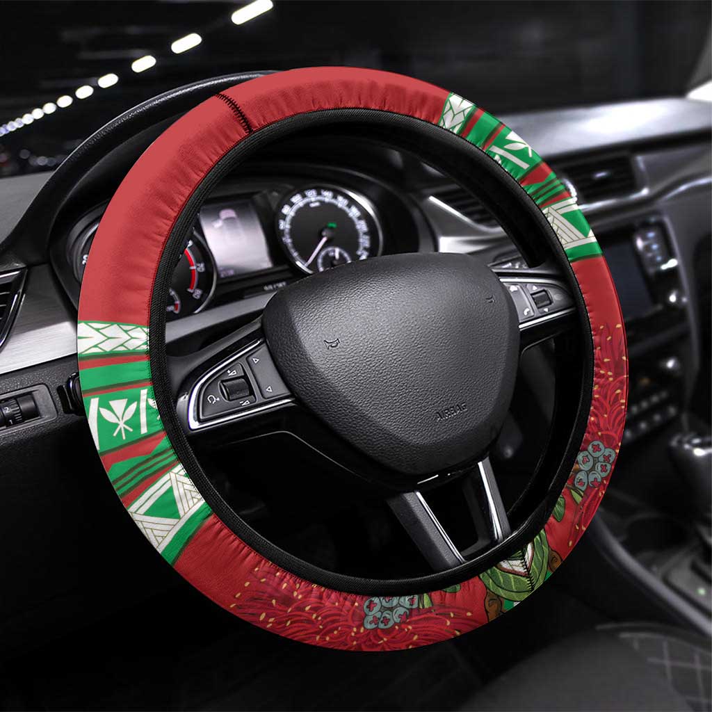 Mele Kalikimaka Hawaii Steering Wheel Cover Mongoose Santa With Ohia Lehua LT14 Universal Fit Red - Polynesian Pride