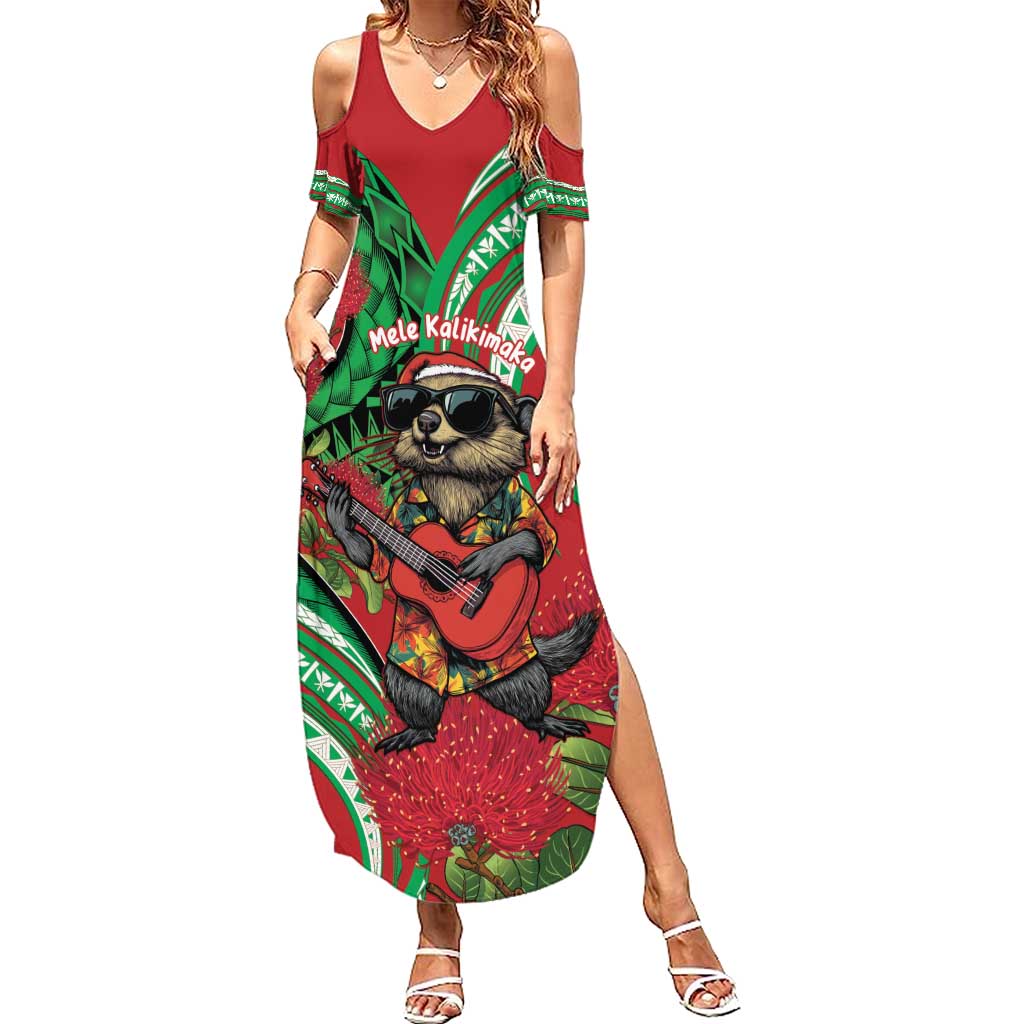 Mele Kalikimaka Hawaii Summer Maxi Dress Mongoose Santa With Ohia Lehua LT14 Women Red - Polynesian Pride