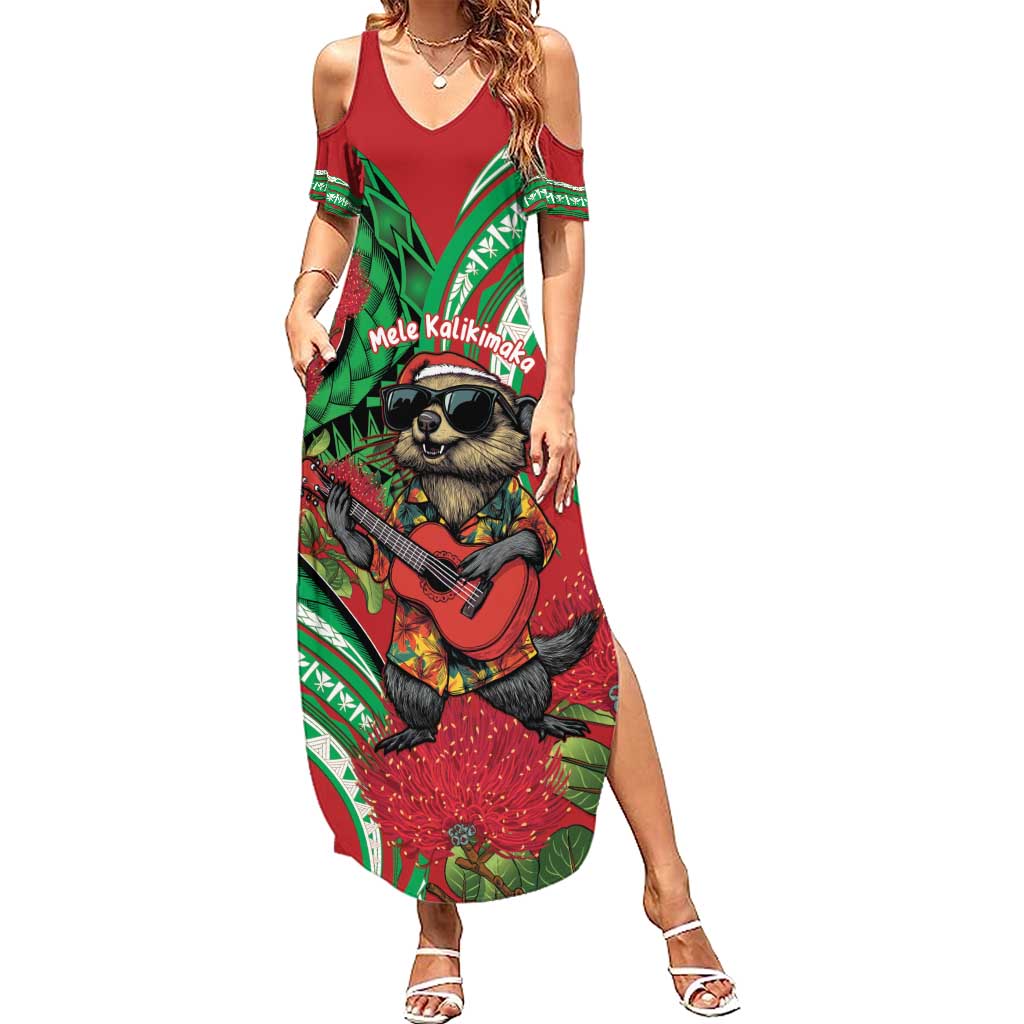 Mele Kalikimaka Hawaii Summer Maxi Dress Mongoose Santa With Ohia Lehua