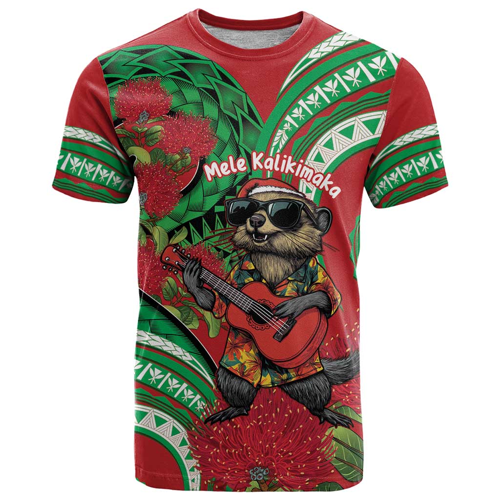 Mele Kalikimaka Hawaii T Shirt Mongoose Santa With Ohia Lehua